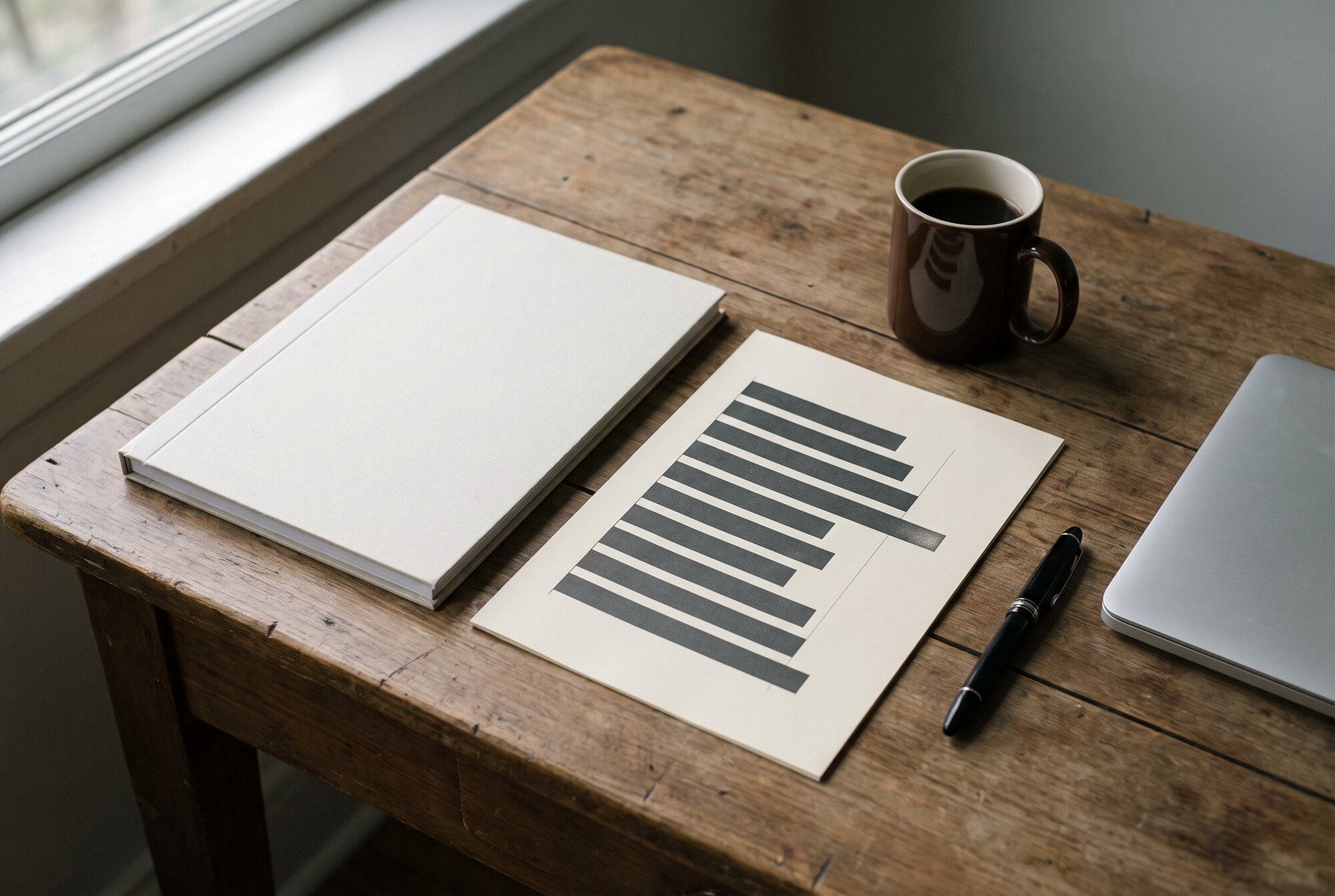 A ranked audit page and a notebook on a working desk