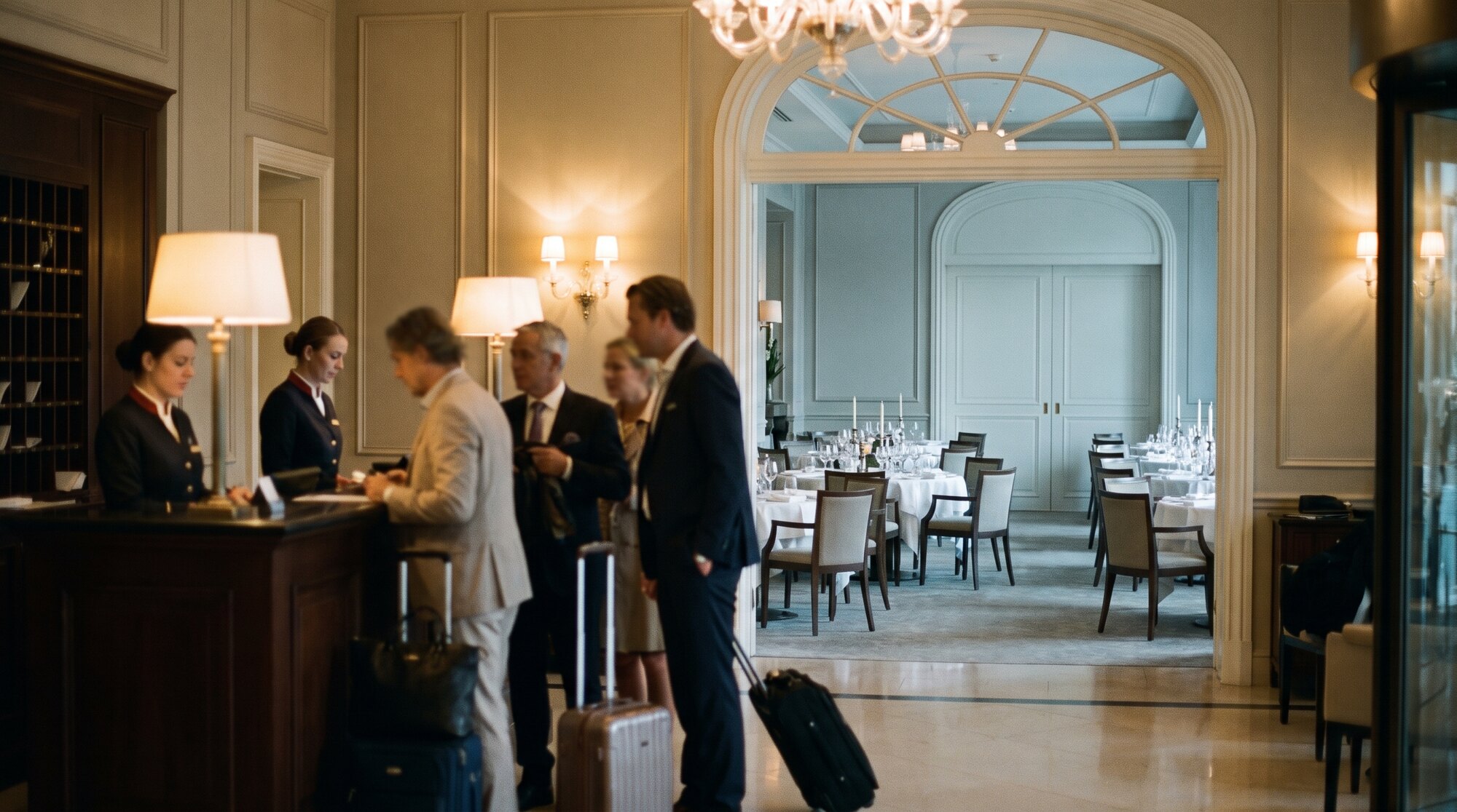 A busy hotel with an empty dining room