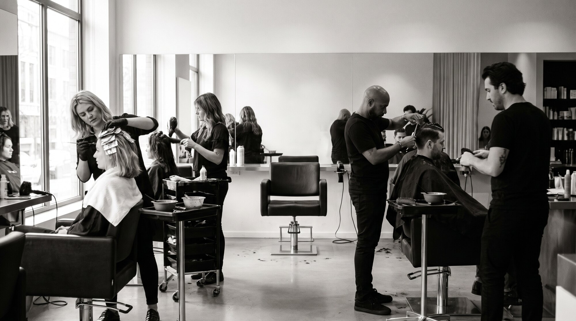 A busy salon with one empty styling chair