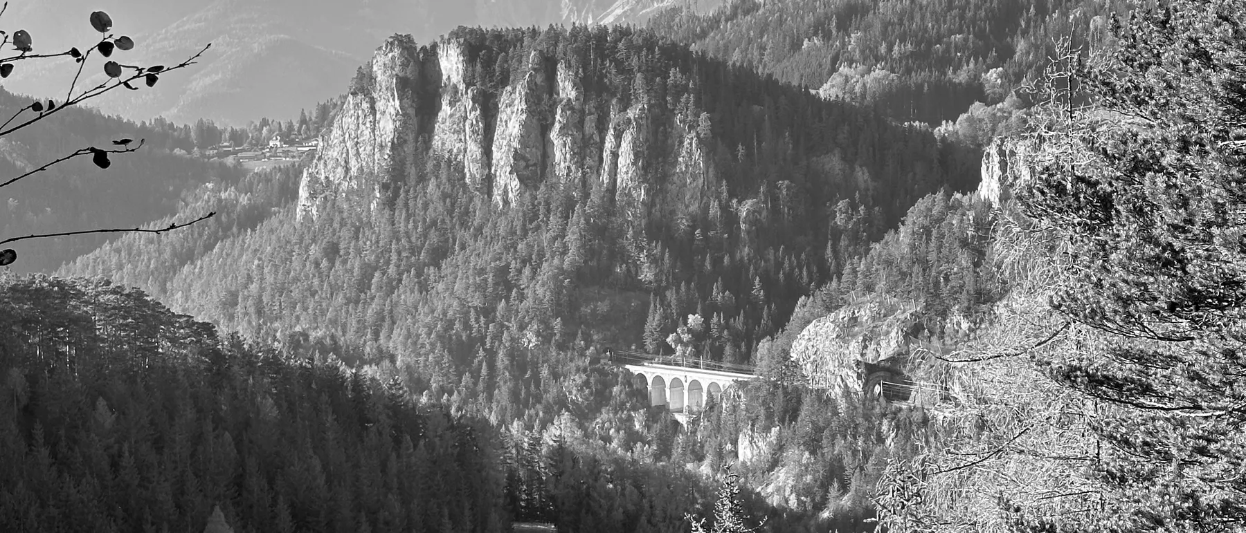 The Semmering railway viaduct across the valley, seen from the forest
