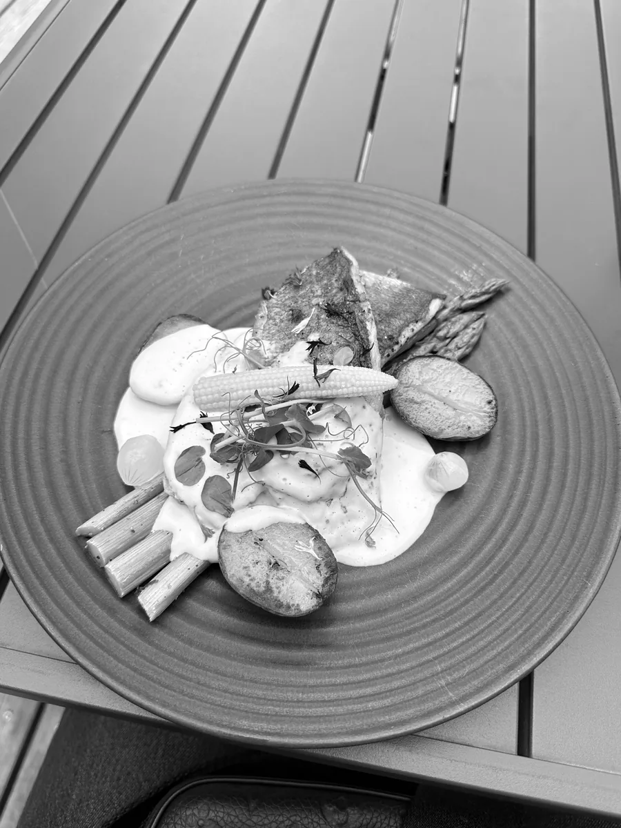 A plate of fish with asparagus and potatoes on the Liechtensteinhaus terrace